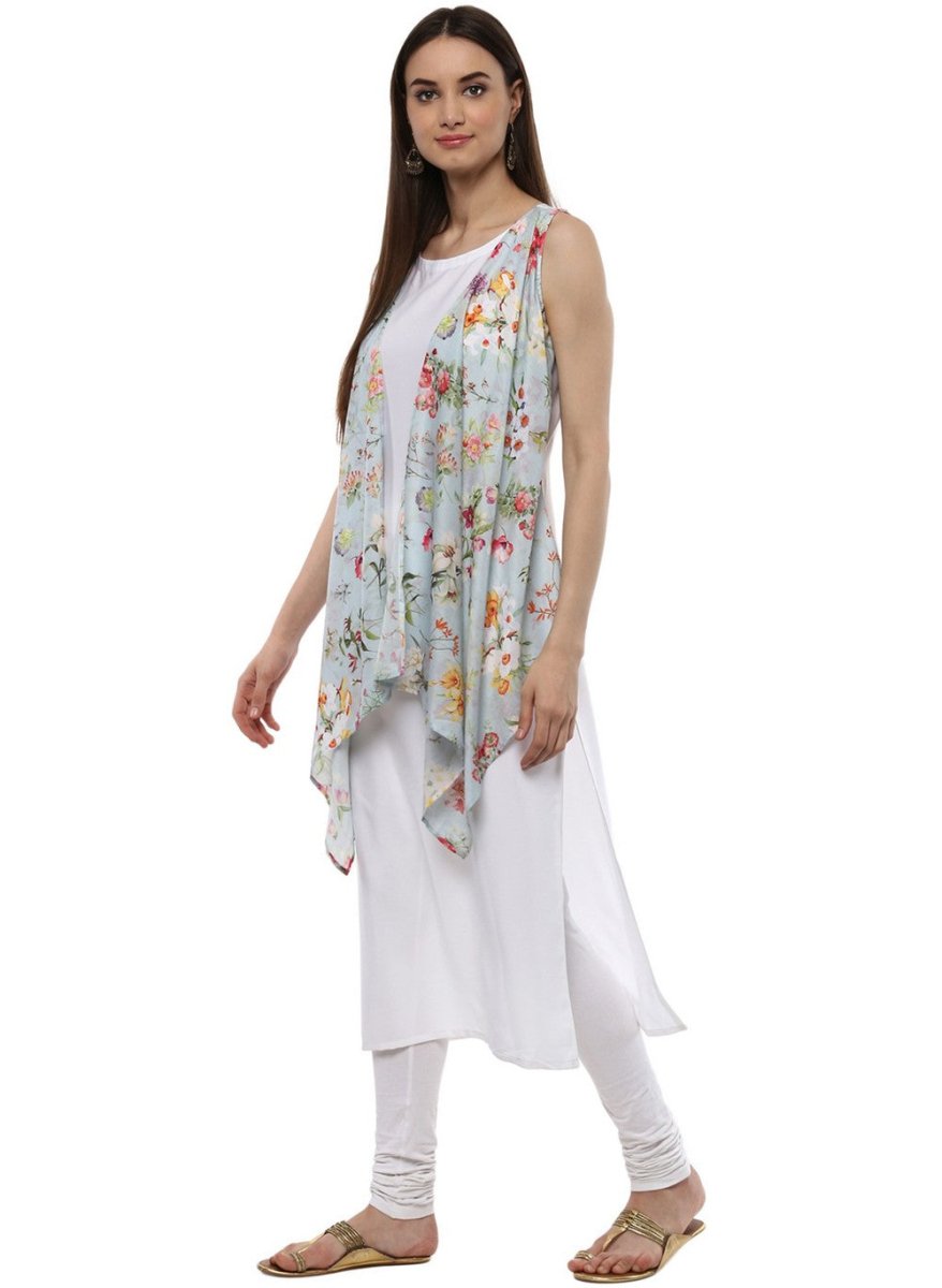 Ahalyaa White & Blue Floral Scarf Cape Attached Straight Kurta | Swadesiicart