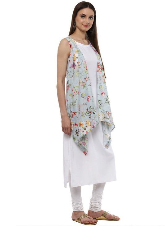 Ahalyaa White & Blue Floral Scarf Cape Attached Straight Kurta | Swadesiicart