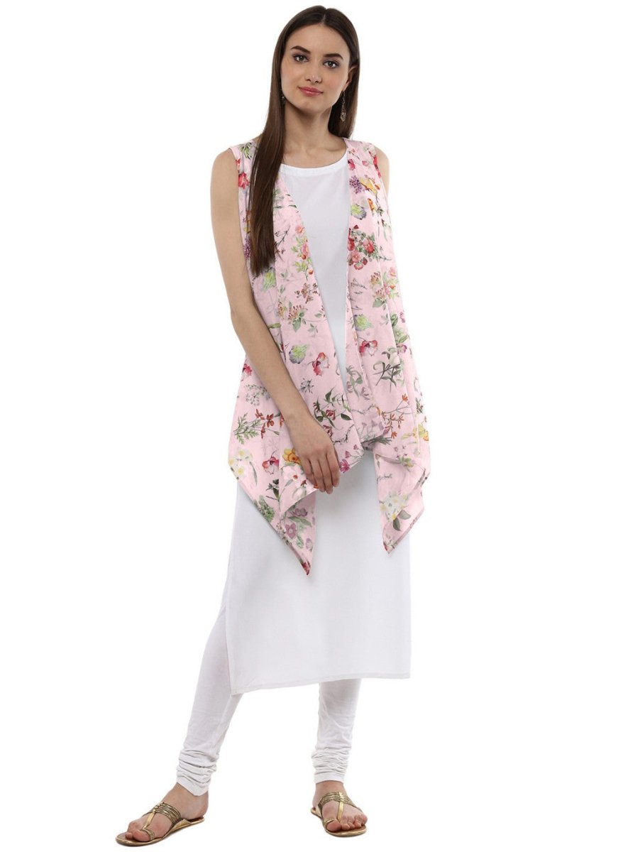 Ahalyaa White & Pink Floral Scarf Cape Attached Straight Kurta | Swadesiicart