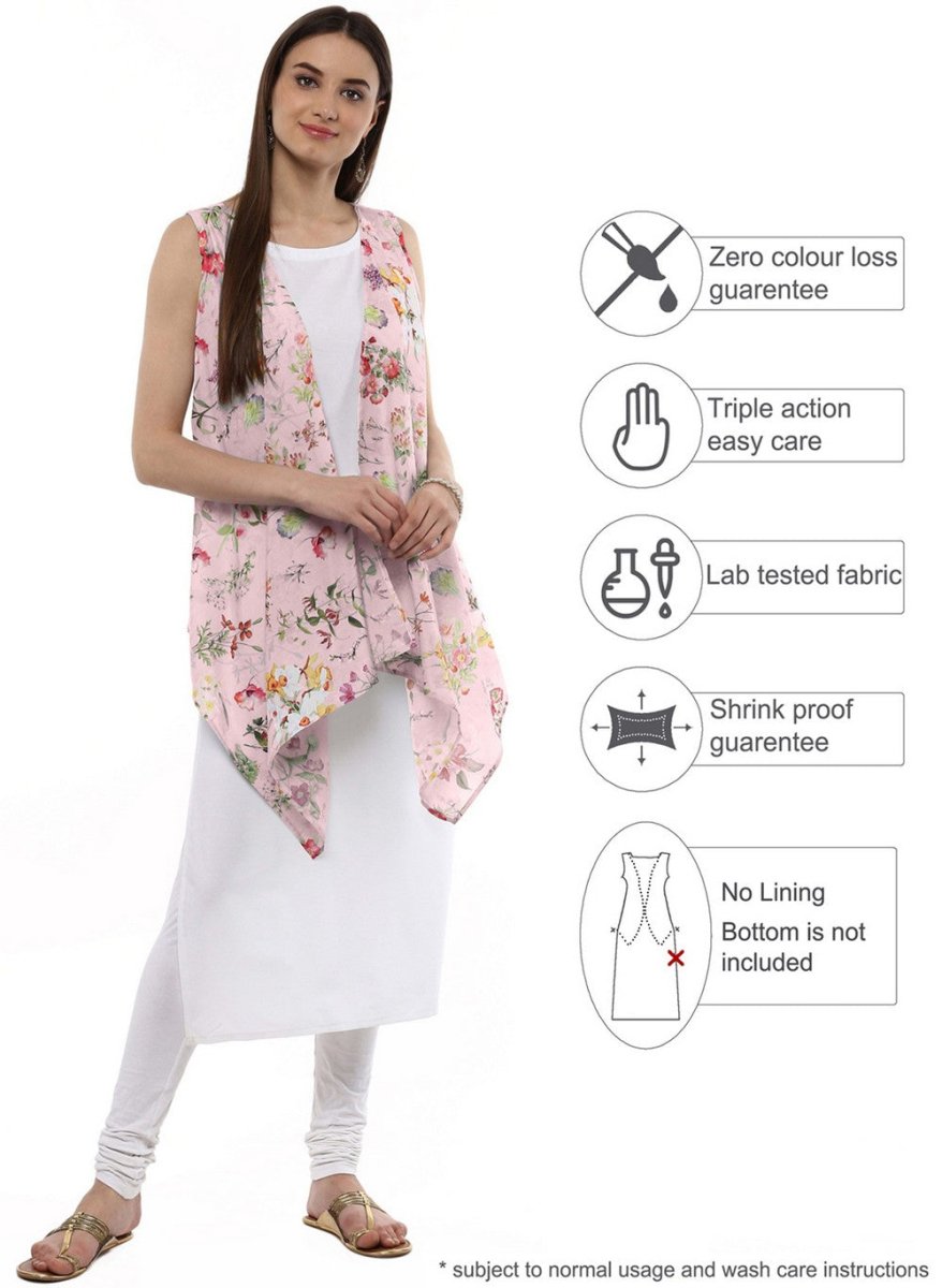 Ahalyaa White & Pink Floral Scarf Cape Attached Straight Kurta | Swadesiicart