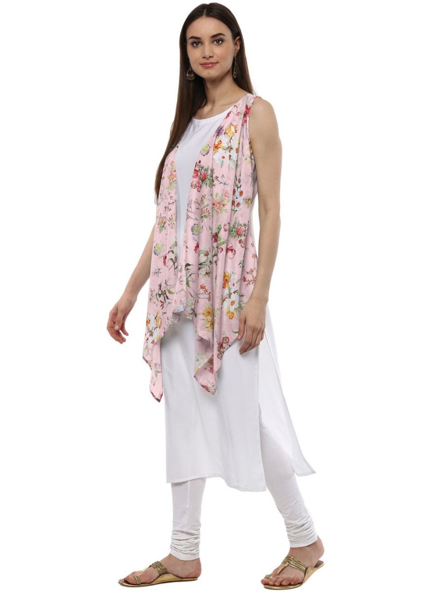 Ahalyaa White & Pink Floral Scarf Cape Attached Straight Kurta | Swadesiicart