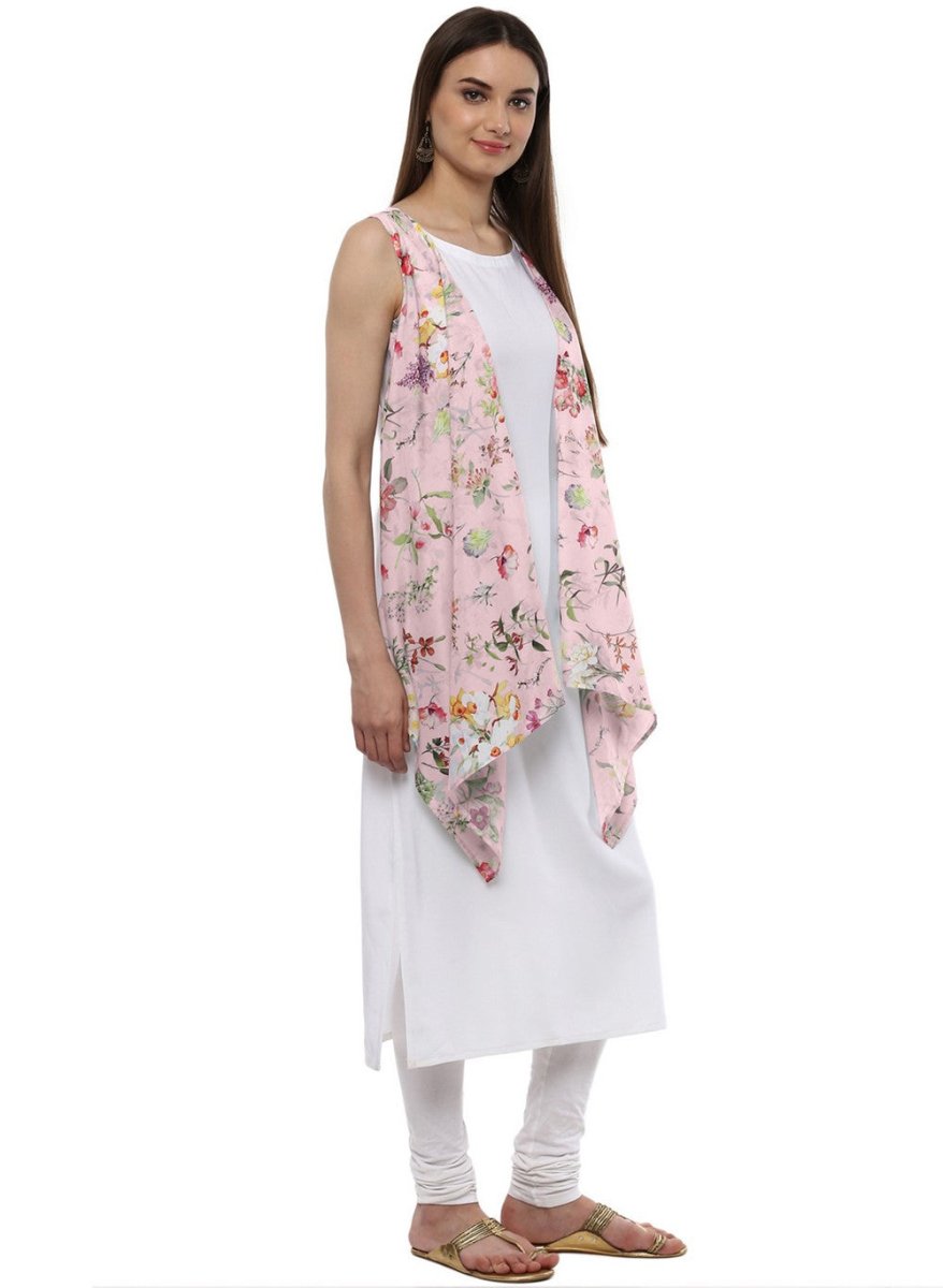 Ahalyaa White & Pink Floral Scarf Cape Attached Straight Kurta | Swadesiicart