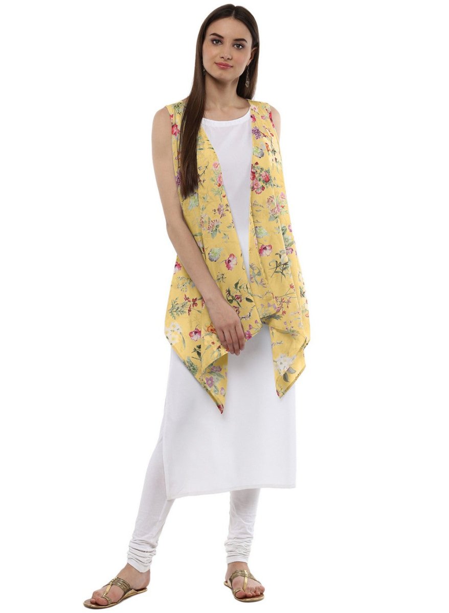 Ahalyaa White & Yellow Floral Scarf Cape Attached Straight Kurta | Swadesiicart