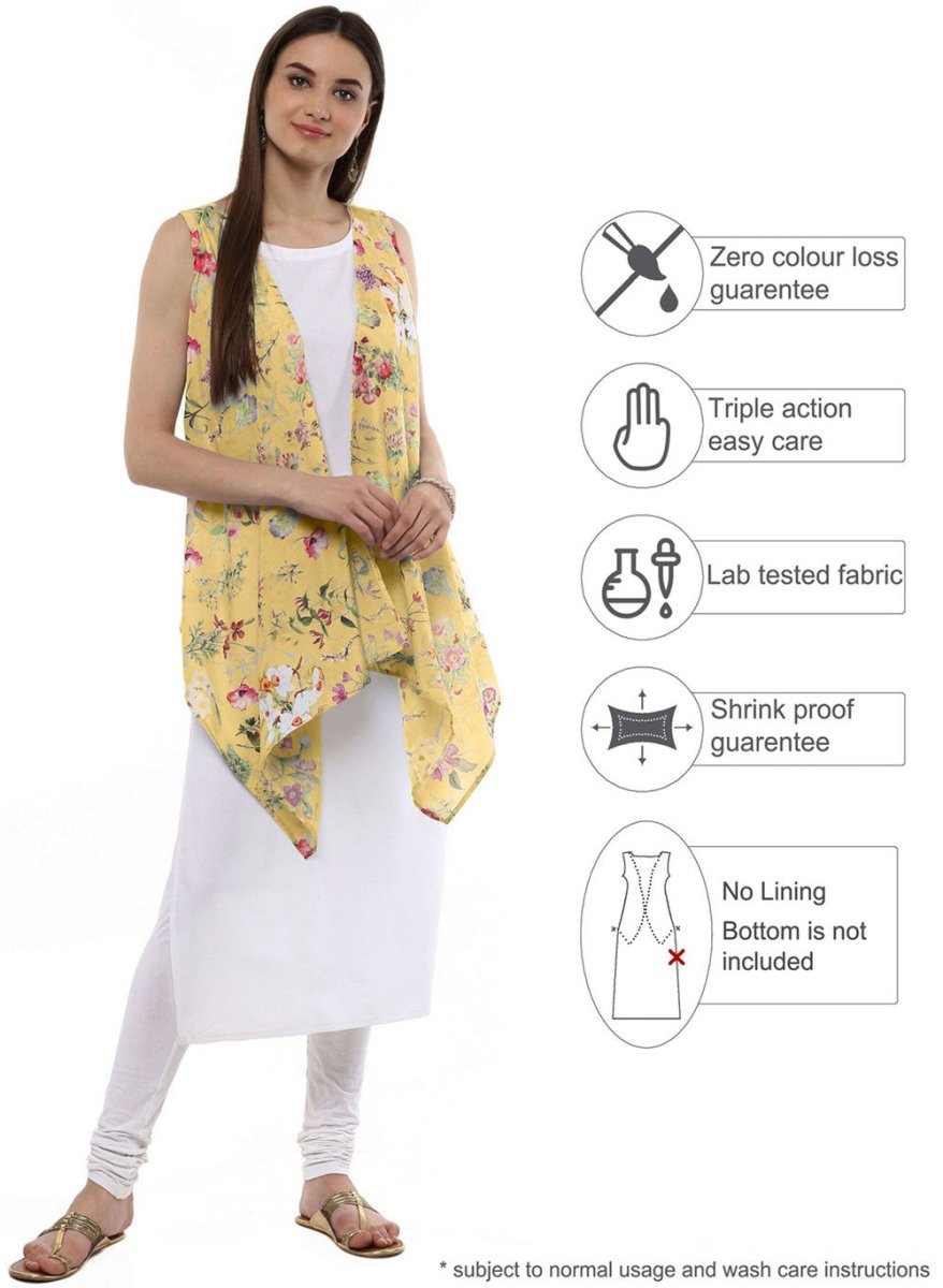 Ahalyaa White & Yellow Floral Scarf Cape Attached Straight Kurta | Swadesiicart