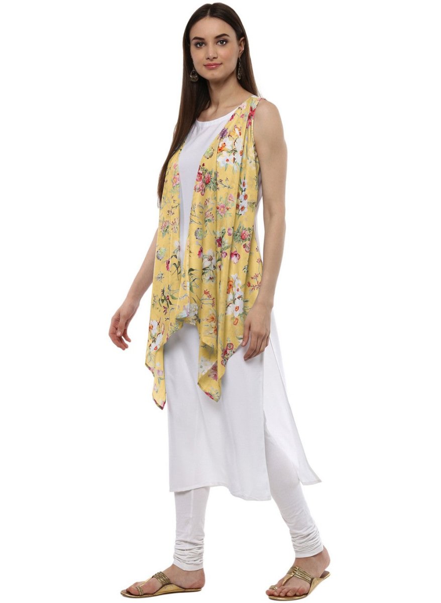 Ahalyaa White & Yellow Floral Scarf Cape Attached Straight Kurta | Swadesiicart