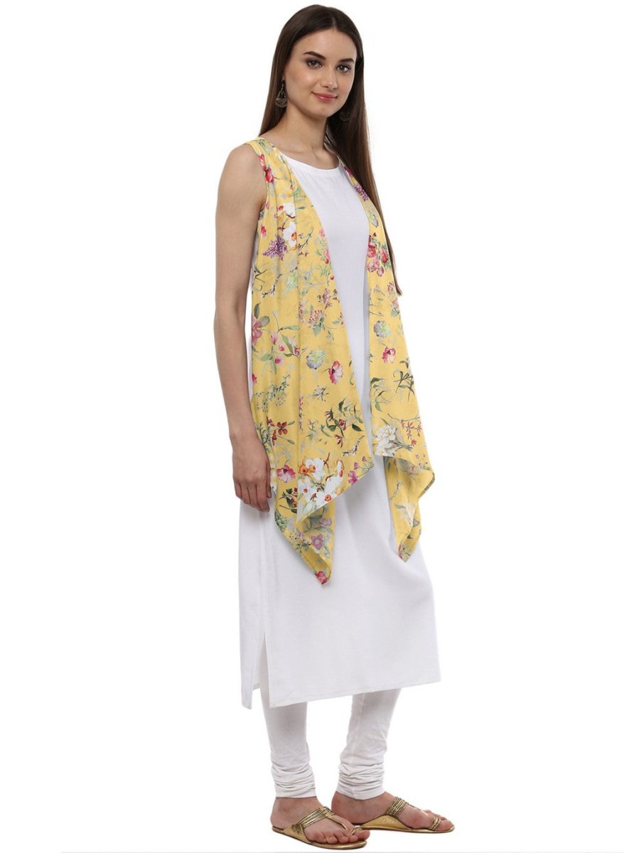 Ahalyaa White & Yellow Floral Scarf Cape Attached Straight Kurta | Swadesiicart