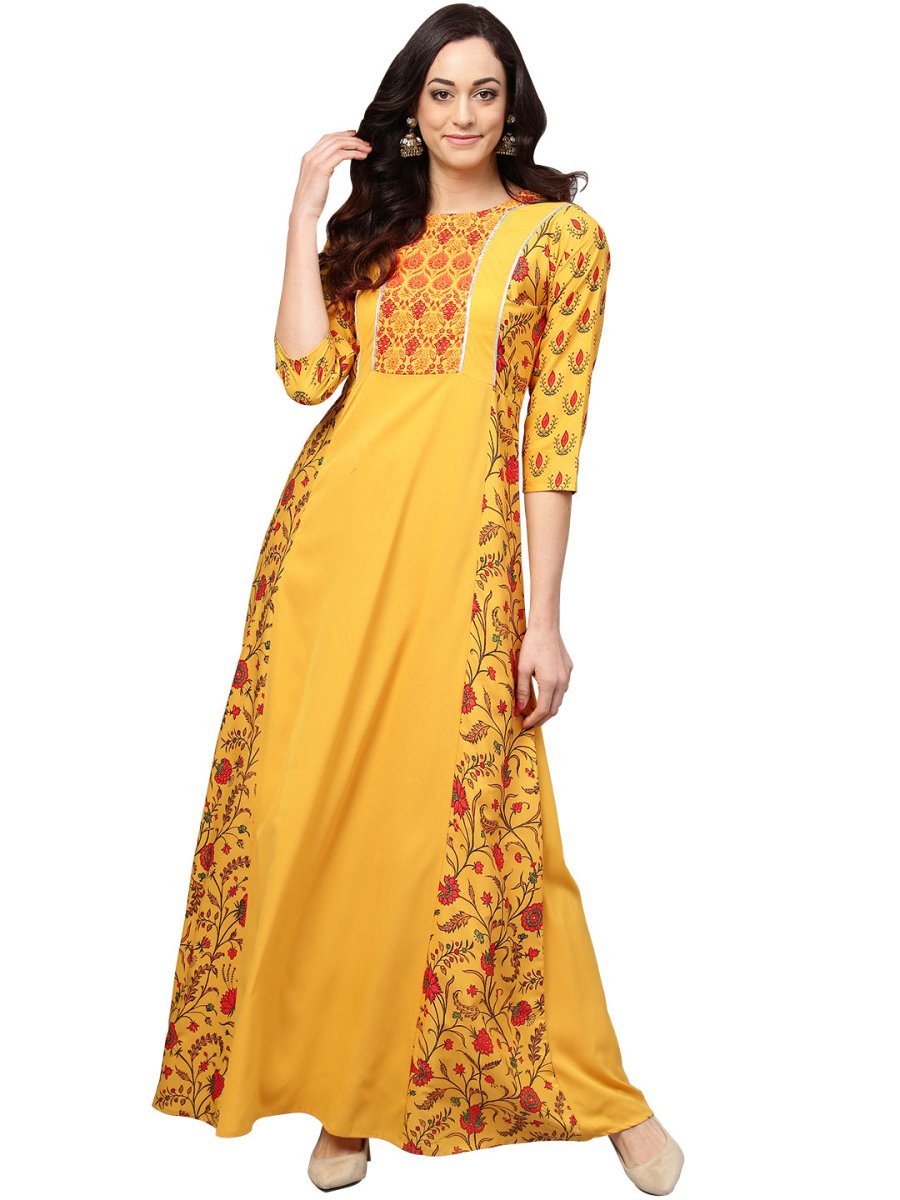 Ahalyaa Women Yellow & Orange Printed Flared Maxi Dress | Swadesiicart