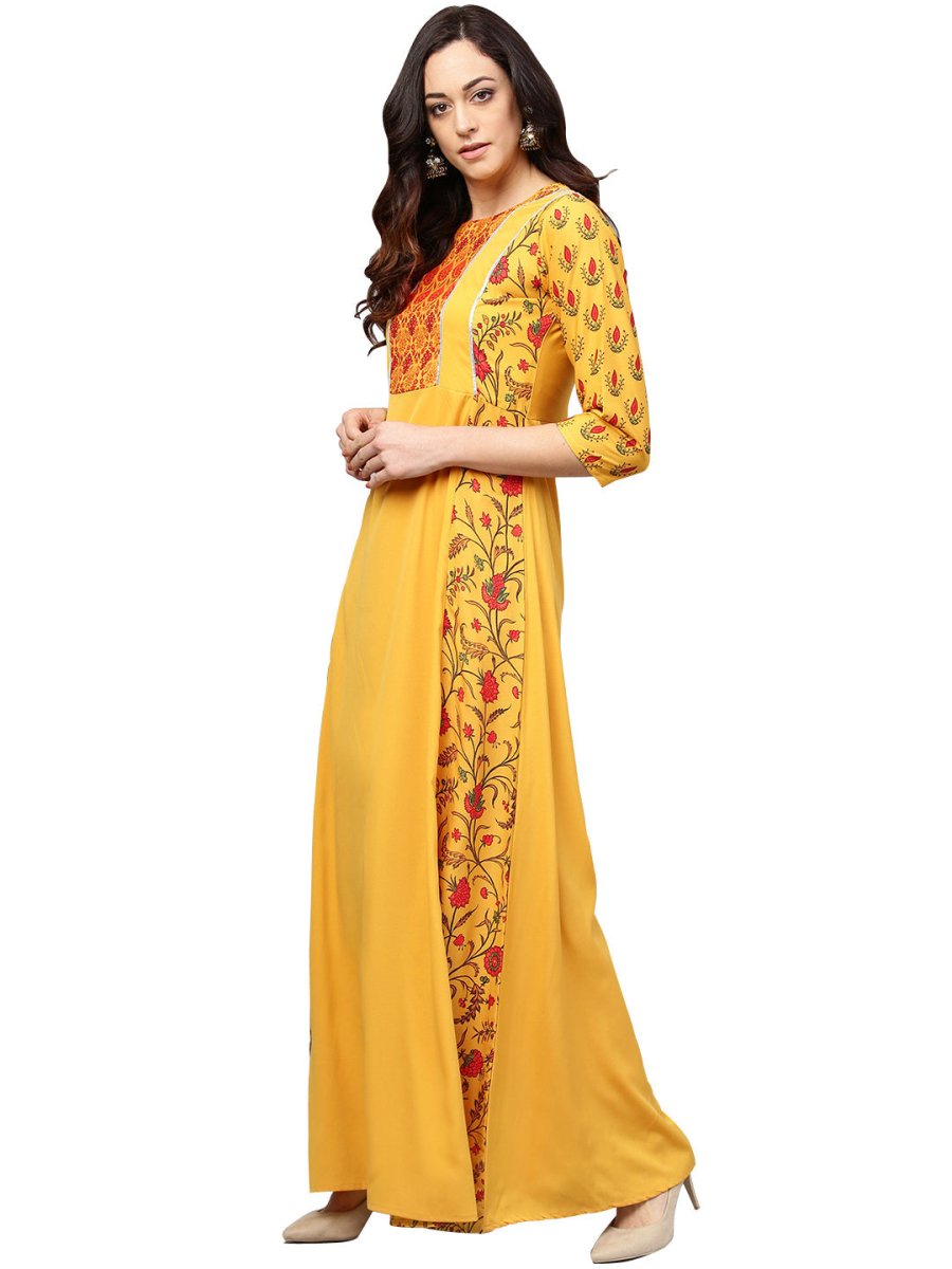 Ahalyaa Women Yellow & Orange Printed Flared Maxi Dress | Swadesiicart