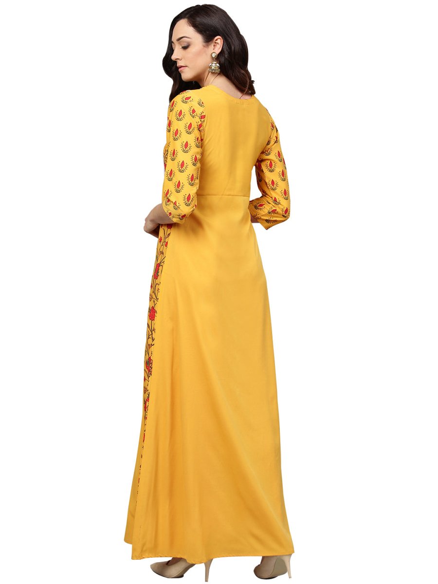 Ahalyaa Women Yellow & Orange Printed Flared Maxi Dress | Swadesiicart