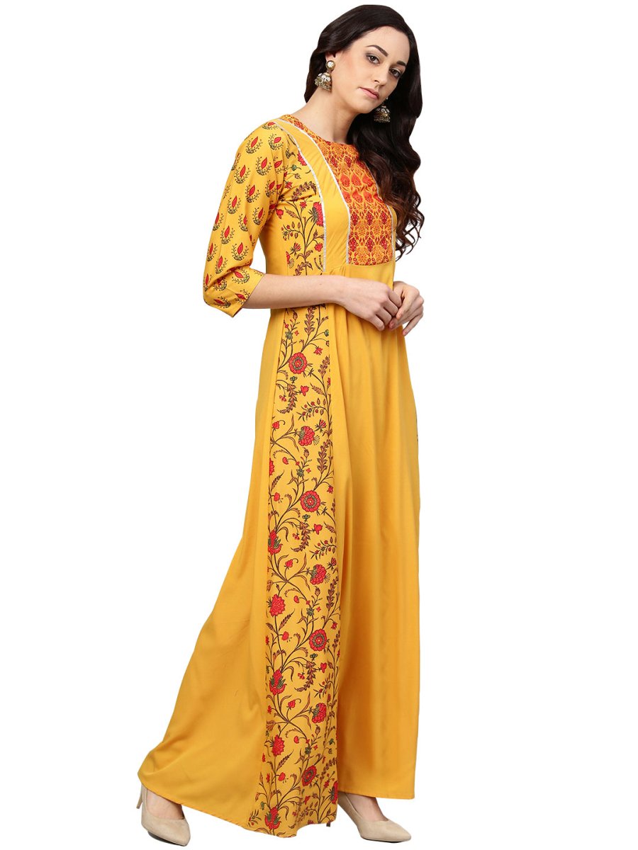 Ahalyaa Women Yellow & Orange Printed Flared Maxi Dress | Swadesiicart