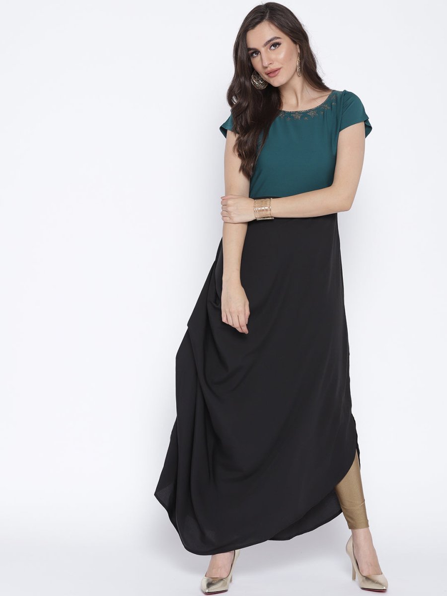 Ahalyaa Women Black & Green Colourblocked A-Line Kurta | Swadesiicart