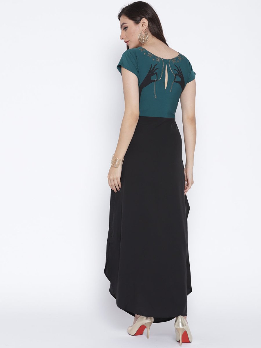 Ahalyaa Women Black & Green Colourblocked A-Line Kurta | Swadesiicart
