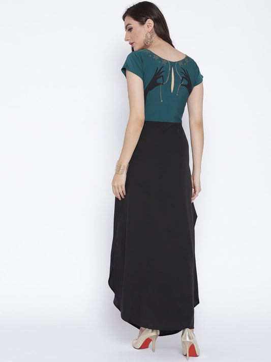 Ahalyaa Women Black & Green Colourblocked A-Line Kurta | Swadesiicart