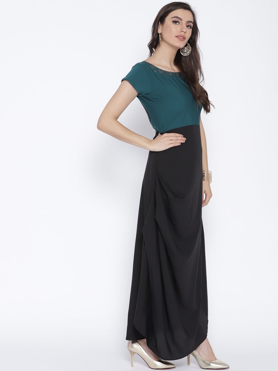Ahalyaa Women Black & Green Colourblocked A-Line Kurta | Swadesiicart