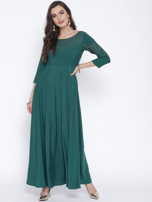 Ahalyaa Women Green Solid Beautiful Maxi Dress | Swadesiicart