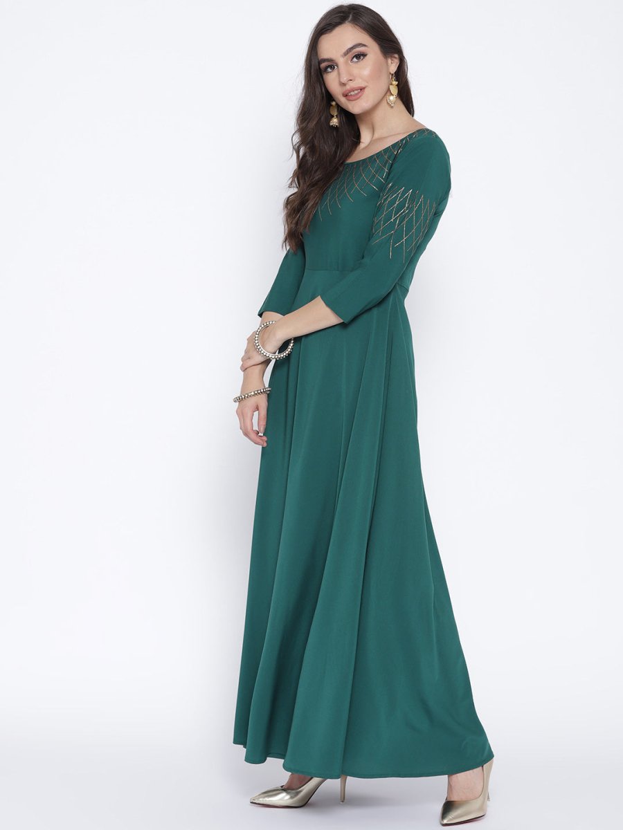 Ahalyaa Women Green Solid Beautiful Maxi Dress | Swadesiicart