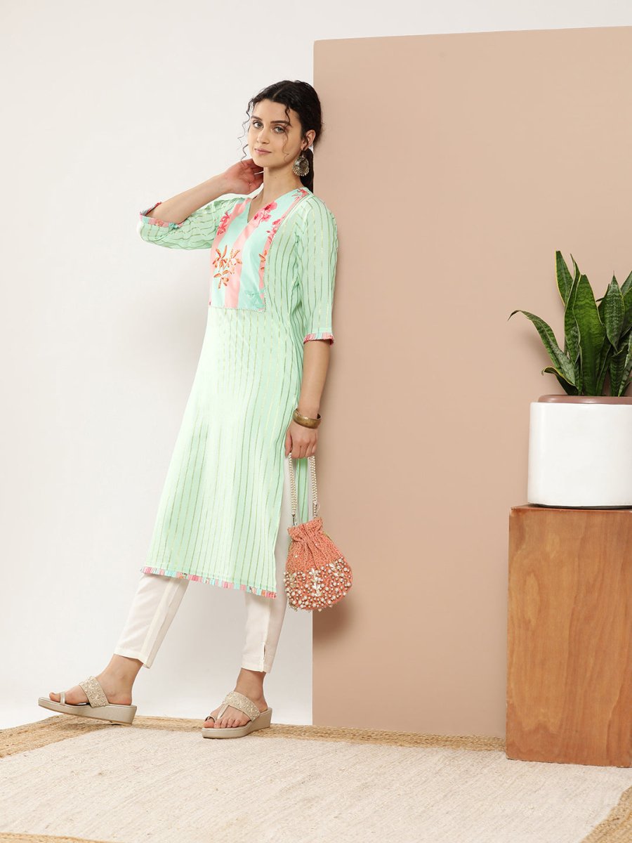 Ahalyaa Women Sea Green & Pink Striped Gotta Patti Floral Crepe Kurta | Swadesiicart