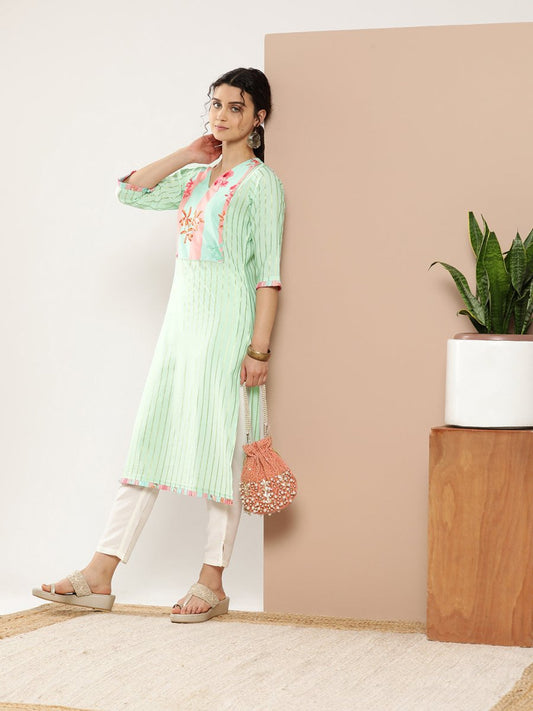 Ahalyaa Women Sea Green & Pink Striped Gotta Patti Floral Crepe Kurta | Swadesiicart