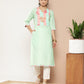 Ahalyaa Women Sea Green & Pink Striped Gotta Patti Floral Crepe Kurta | Swadesiicart