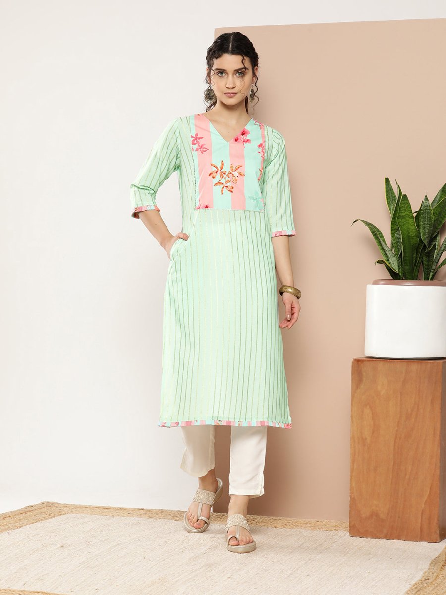 Ahalyaa Women Sea Green & Pink Striped Gotta Patti Floral Crepe Kurta | Swadesiicart
