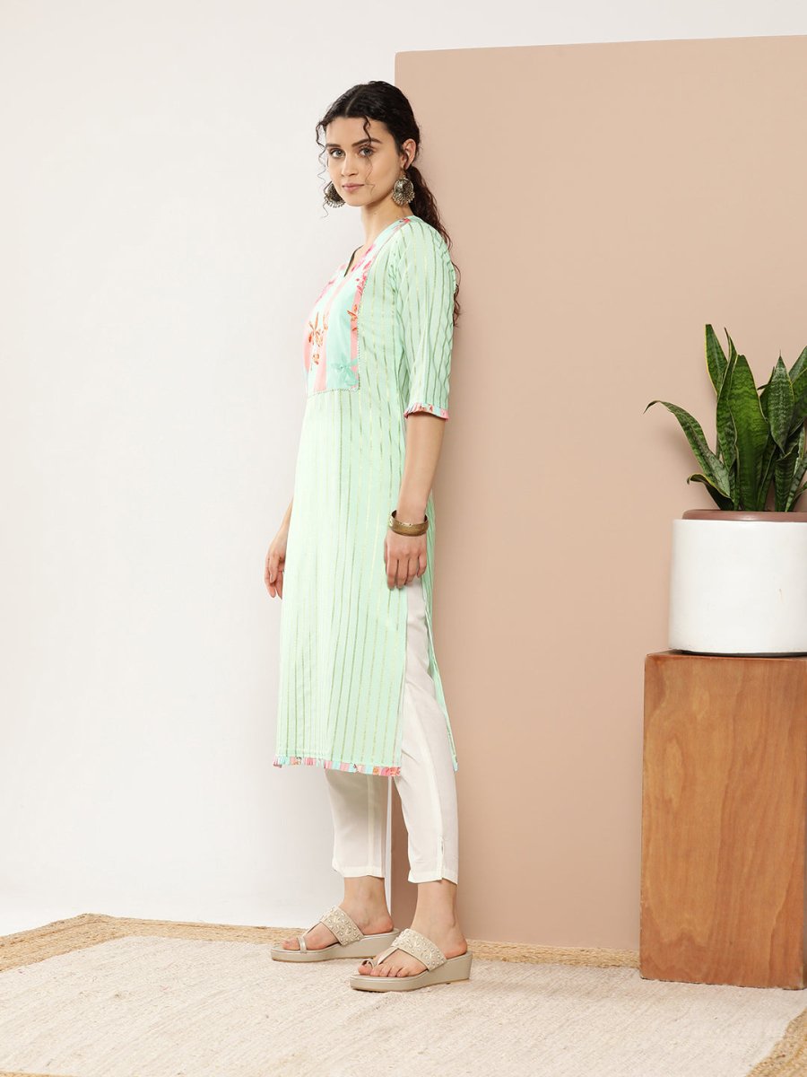 Ahalyaa Women Sea Green & Pink Striped Gotta Patti Floral Crepe Kurta | Swadesiicart