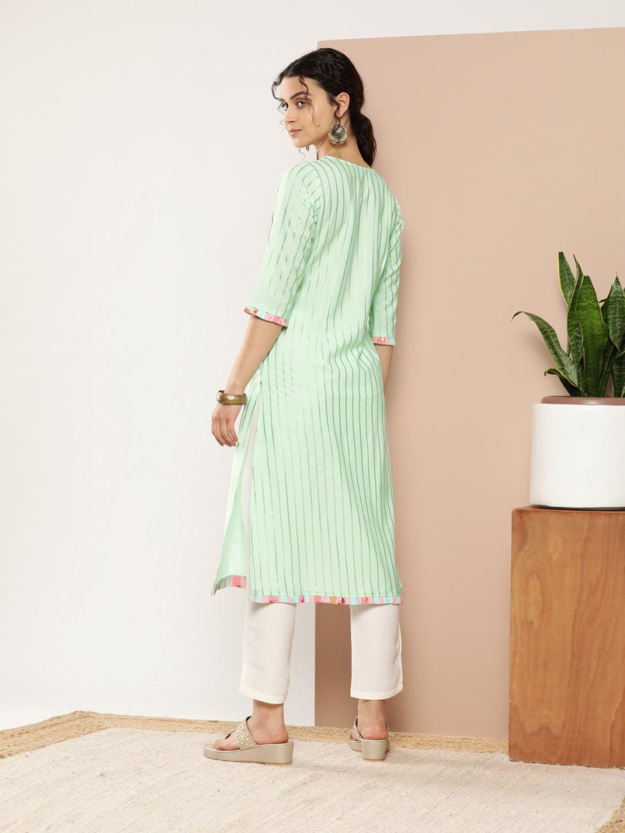 Ahalyaa Women Sea Green & Pink Striped Gotta Patti Floral Crepe Kurta | Swadesiicart