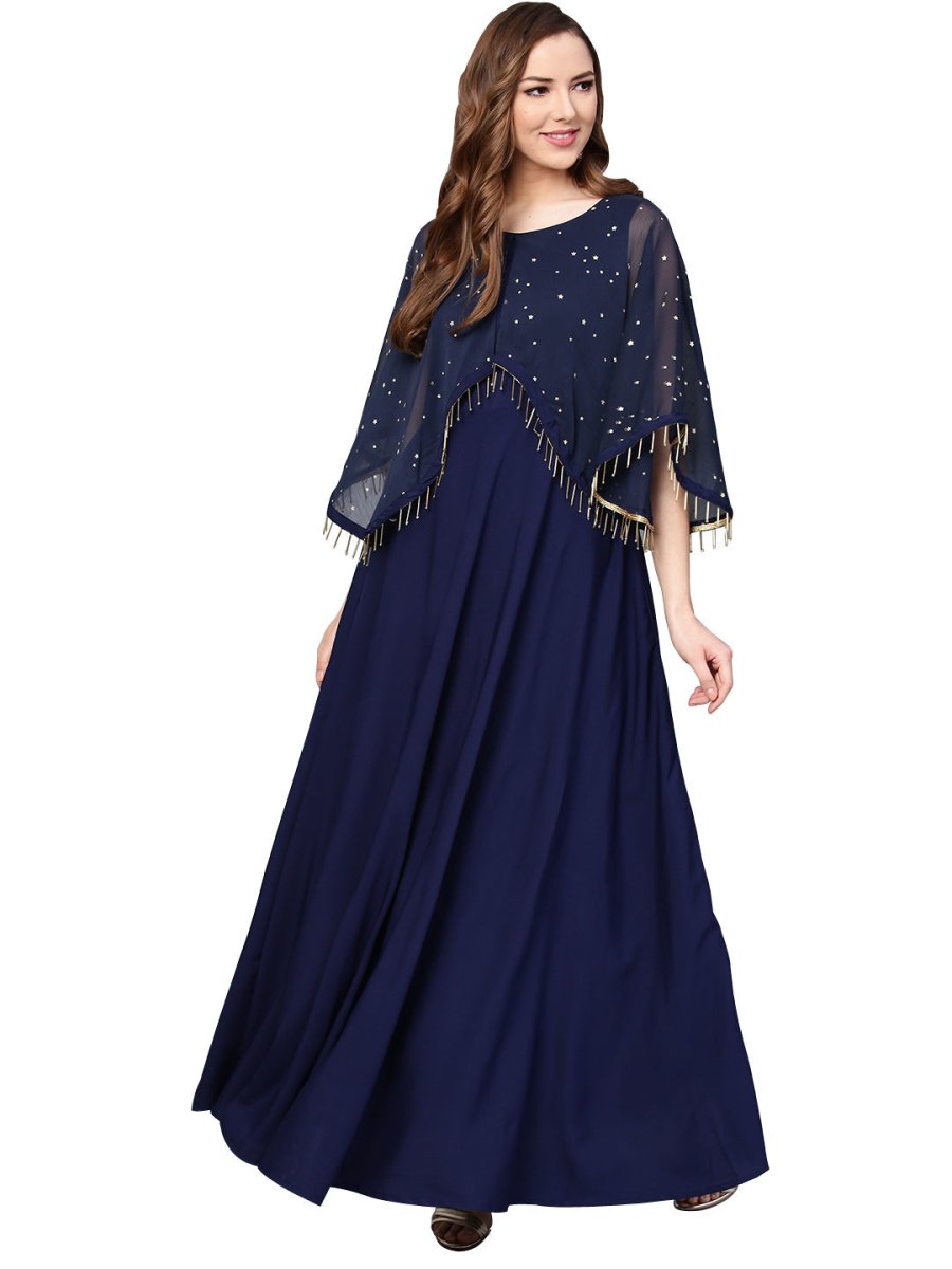 Ahalyaa Women Navy Blue Solid A-Line Layered Beautiful Kurta | Swadesiicart