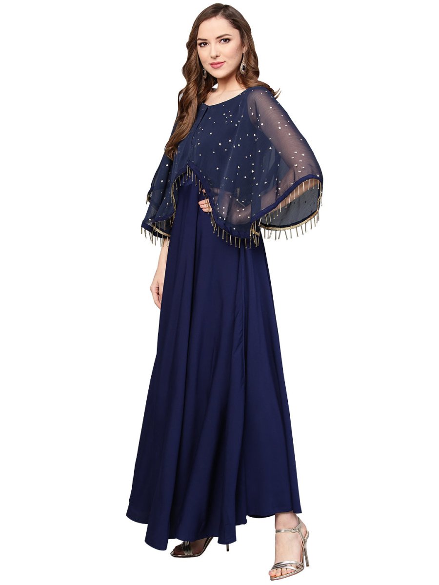 Ahalyaa Women Navy Blue Solid A-Line Layered Beautiful Kurta | Swadesiicart