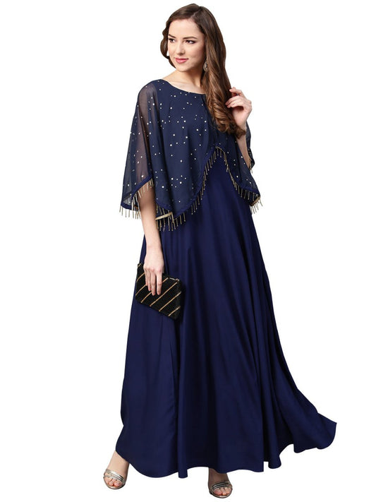 Ahalyaa Women Navy Blue Solid A-Line Layered Beautiful Kurta | Swadesiicart