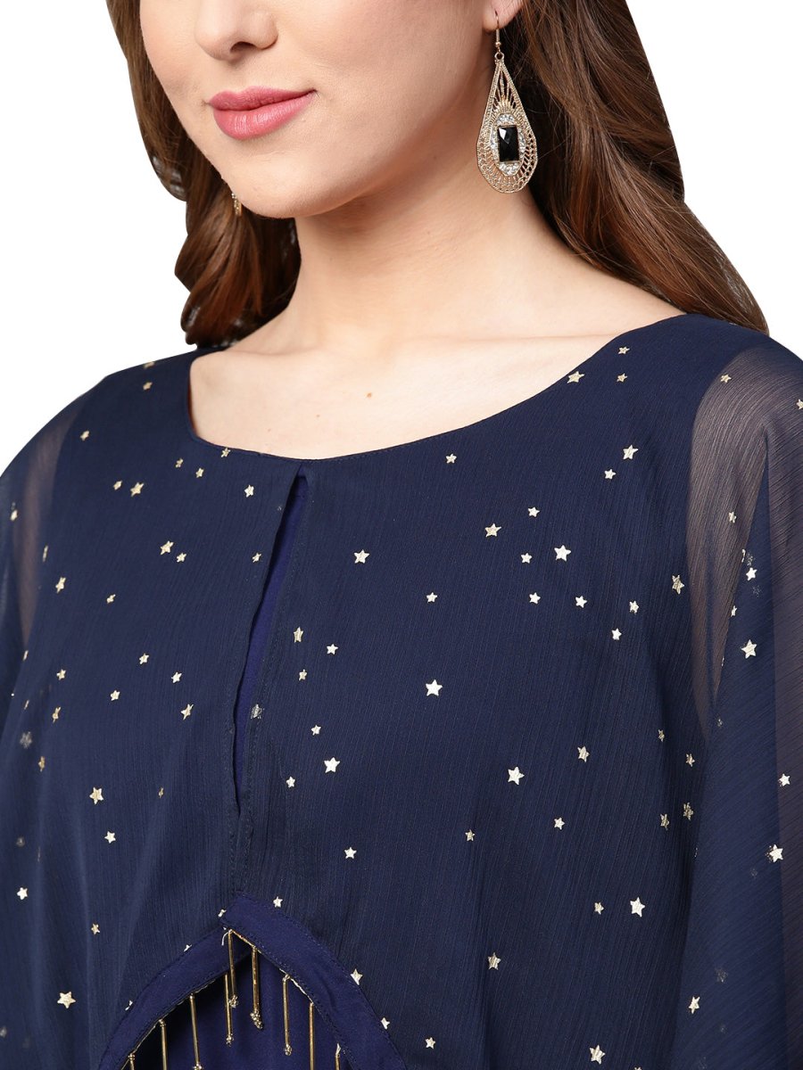 Ahalyaa Women Navy Blue Solid A-Line Layered Beautiful Kurta | Swadesiicart