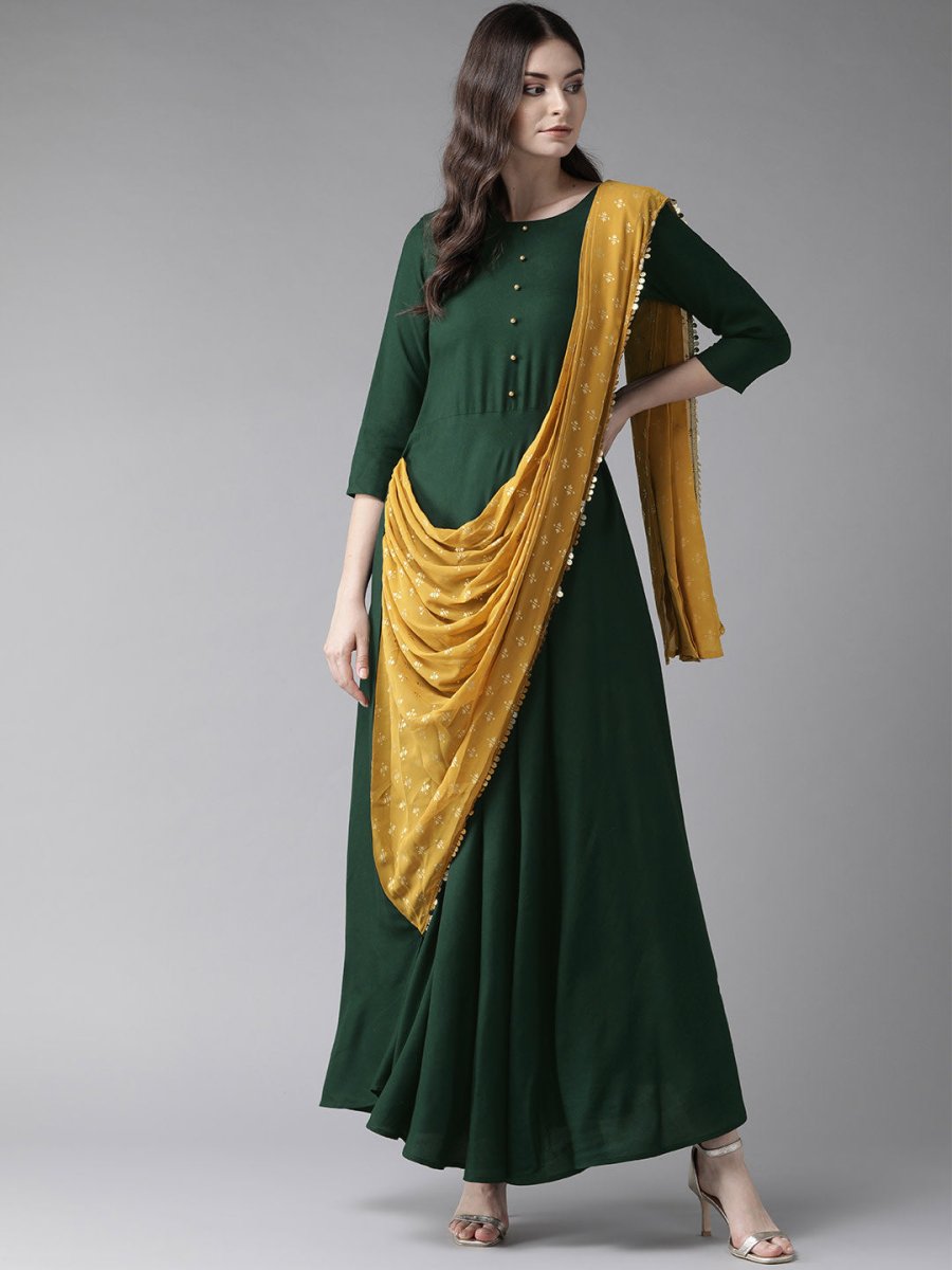 Ahalyaa Green & Mustard Yellow Solid Maxi Dress With Attached Dupatta | Swadesiicart