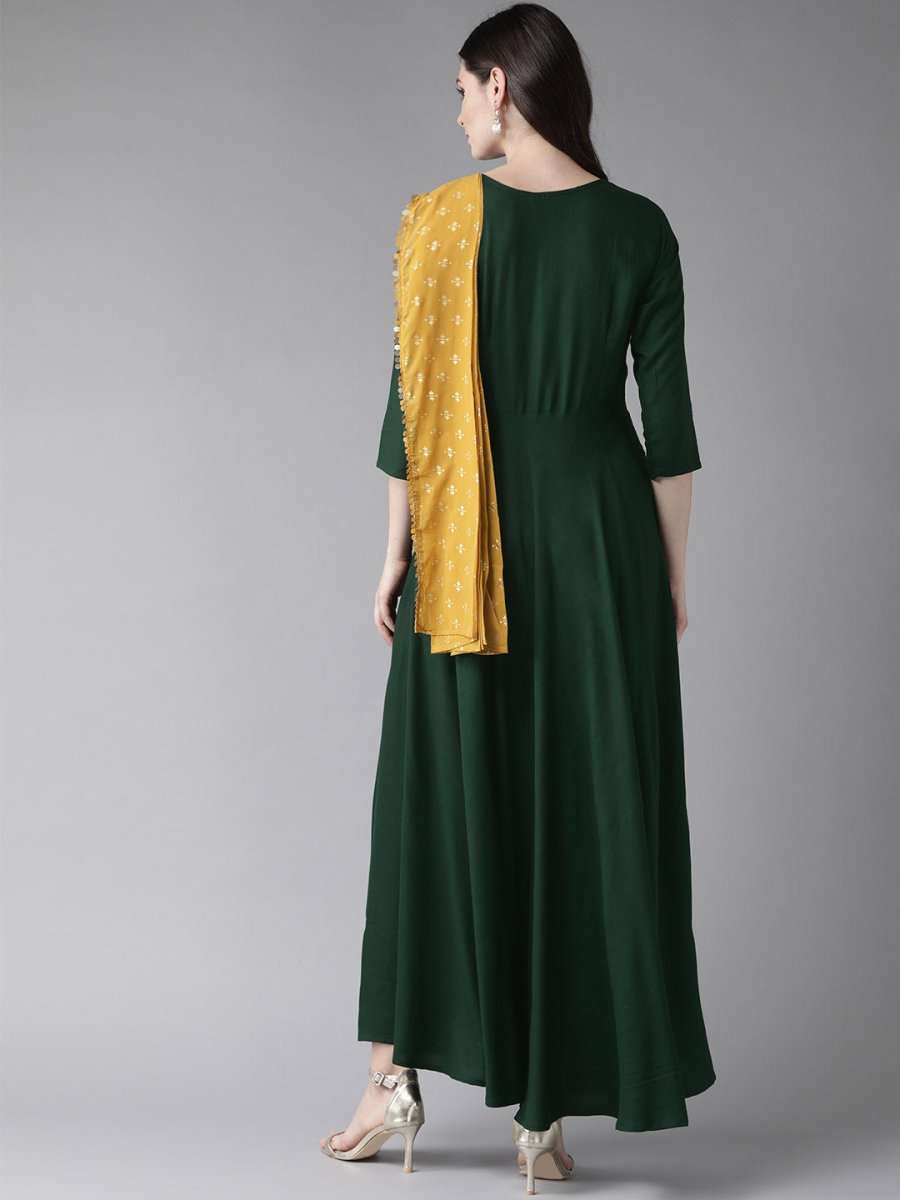 Ahalyaa Green & Mustard Yellow Solid Maxi Dress With Attached Dupatta | Swadesiicart