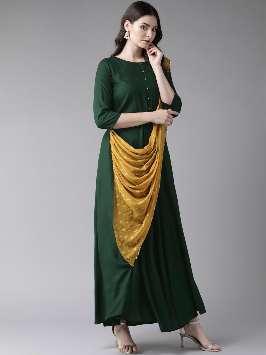 Ahalyaa Green & Mustard Yellow Solid Maxi Dress With Attached Dupatta | Swadesiicart