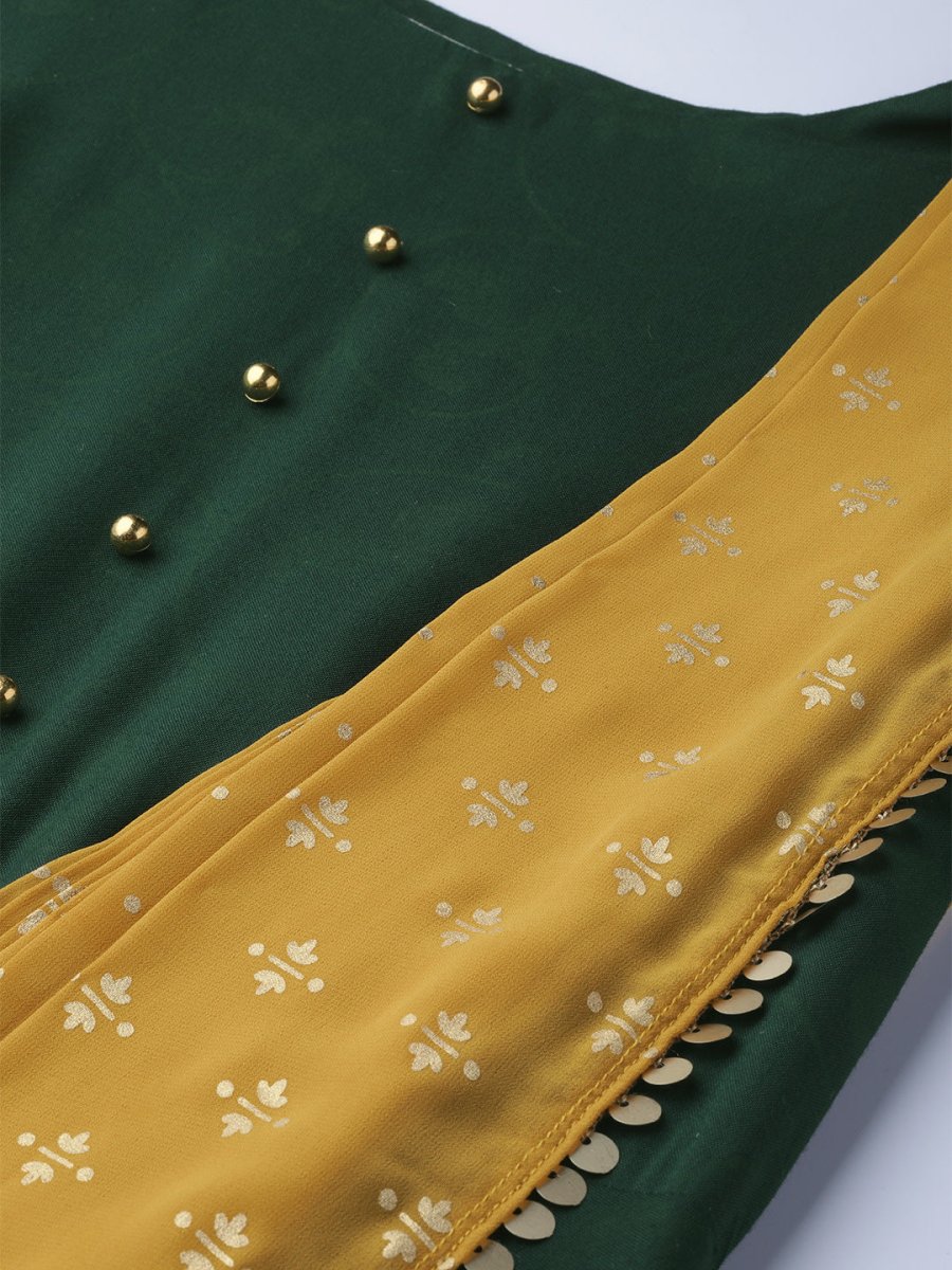 Ahalyaa Green & Mustard Yellow Solid Maxi Dress With Attached Dupatta | Swadesiicart