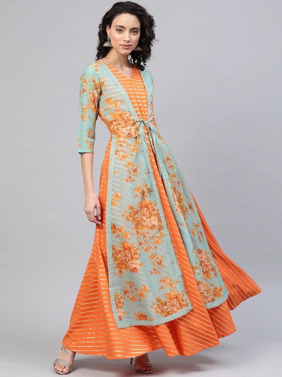 Ahalyaa Women Orange & Gold Ethnic Kurta Dress | Swadesiicart