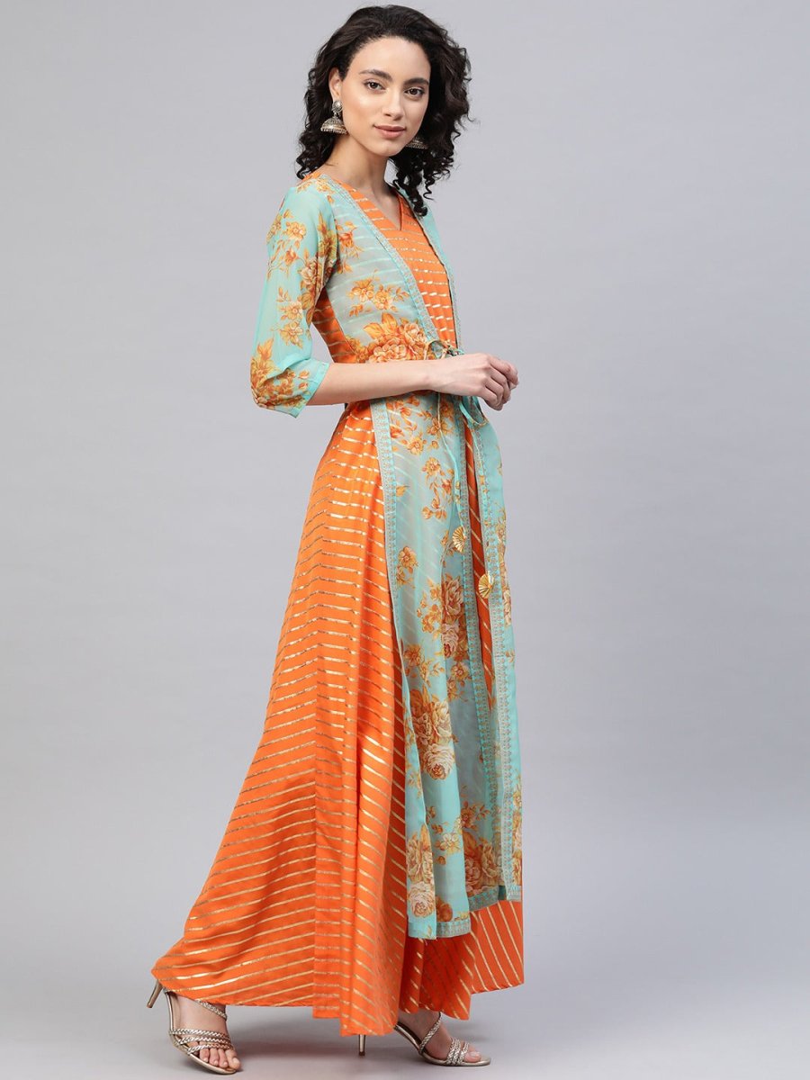 Ahalyaa Women Orange & Gold Ethnic Kurta Dress | Swadesiicart