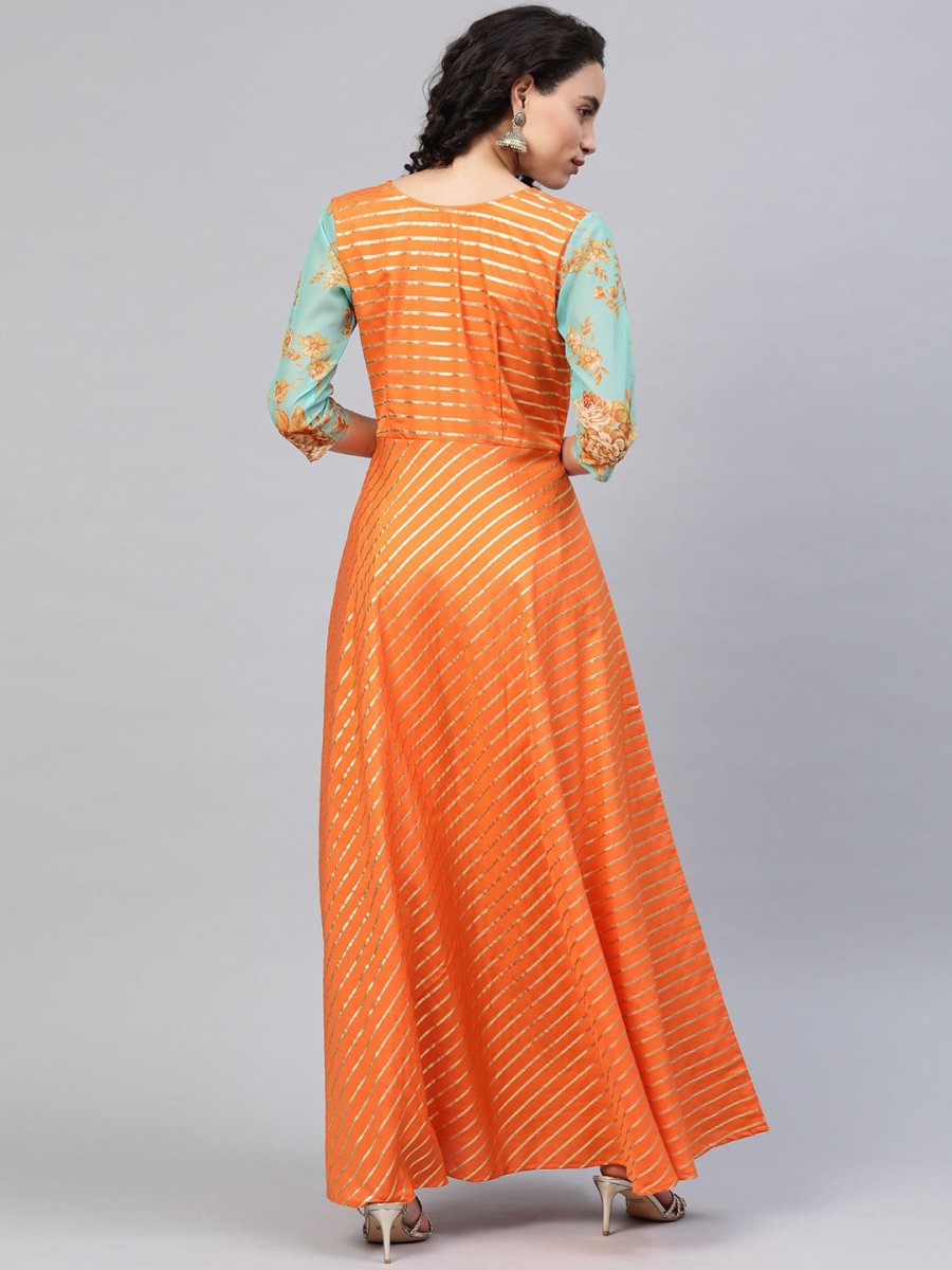 Ahalyaa Women Orange & Gold Ethnic Kurta Dress | Swadesiicart