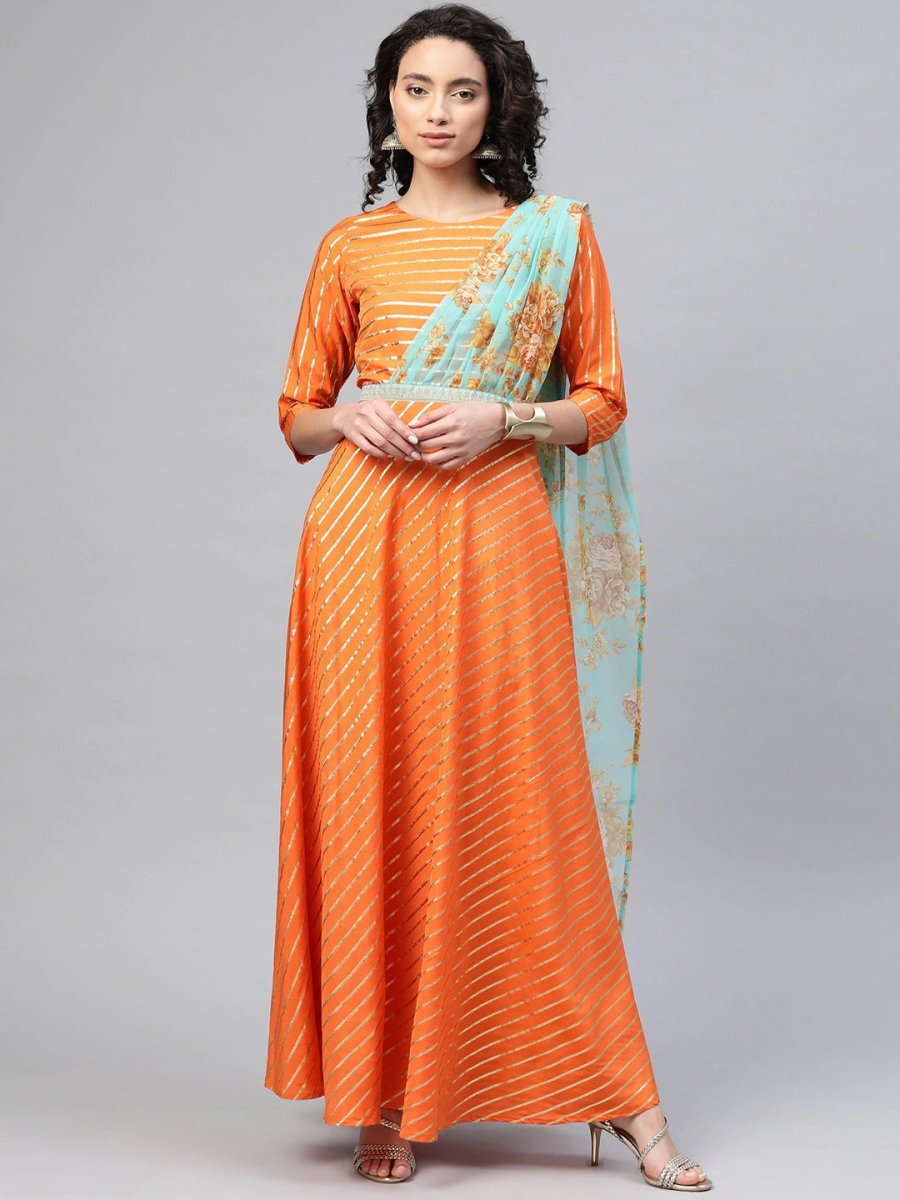 Ahalyaa Women Orange & Gold Ethnic Kurta Saree Dress | Swadesiicart