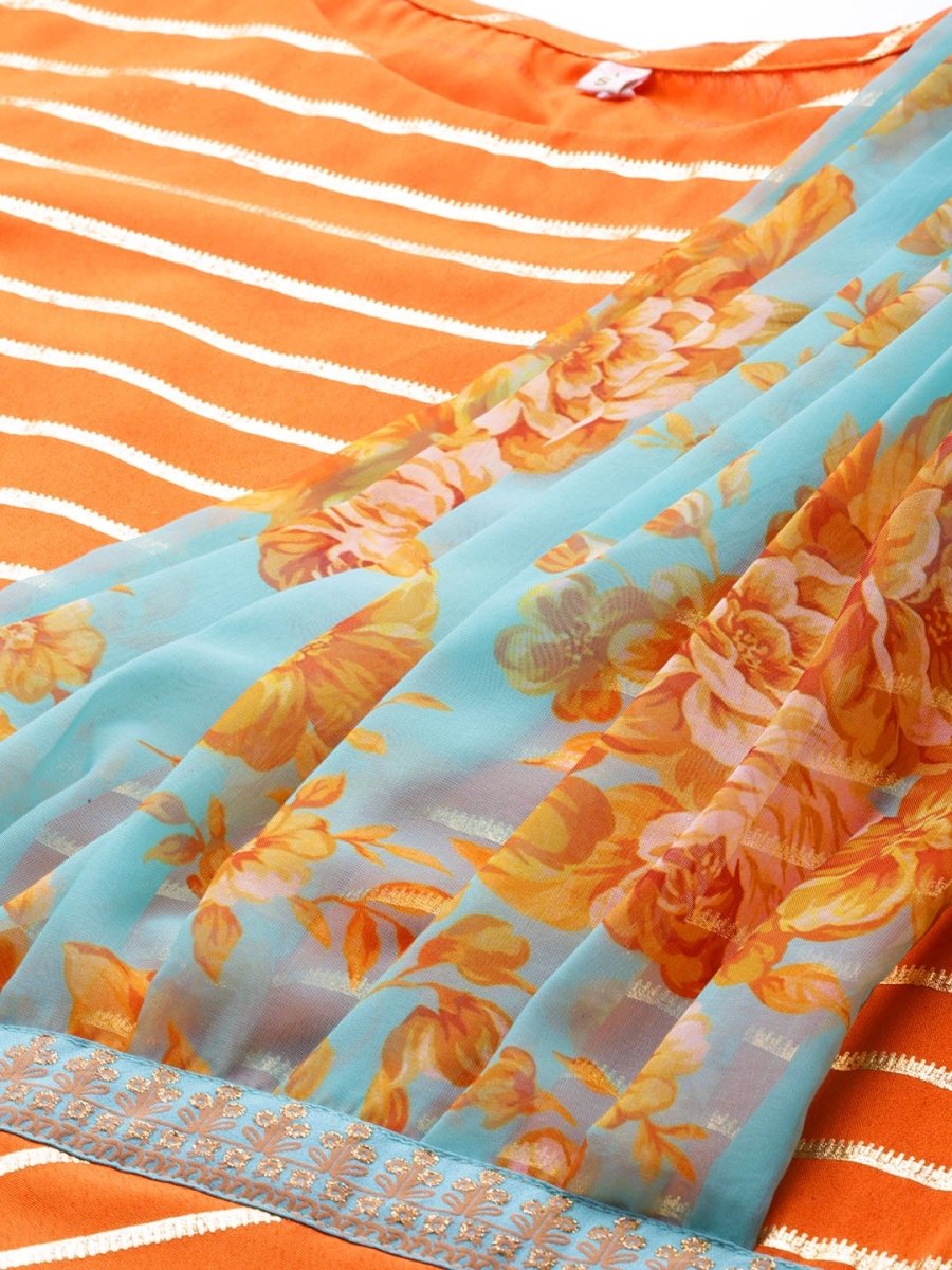 Ahalyaa Women Orange & Gold Ethnic Kurta Saree Dress | Swadesiicart