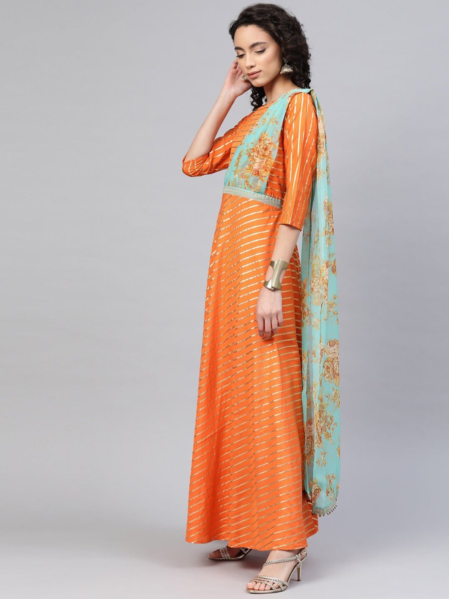 Ahalyaa Women Orange & Gold Ethnic Kurta Saree Dress | Swadesiicart