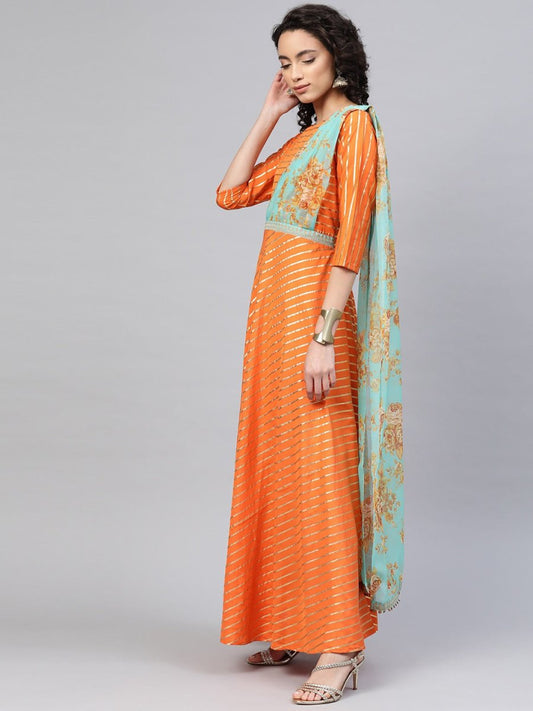 Ahalyaa Women Orange & Gold Ethnic Kurta Saree Dress | Swadesiicart