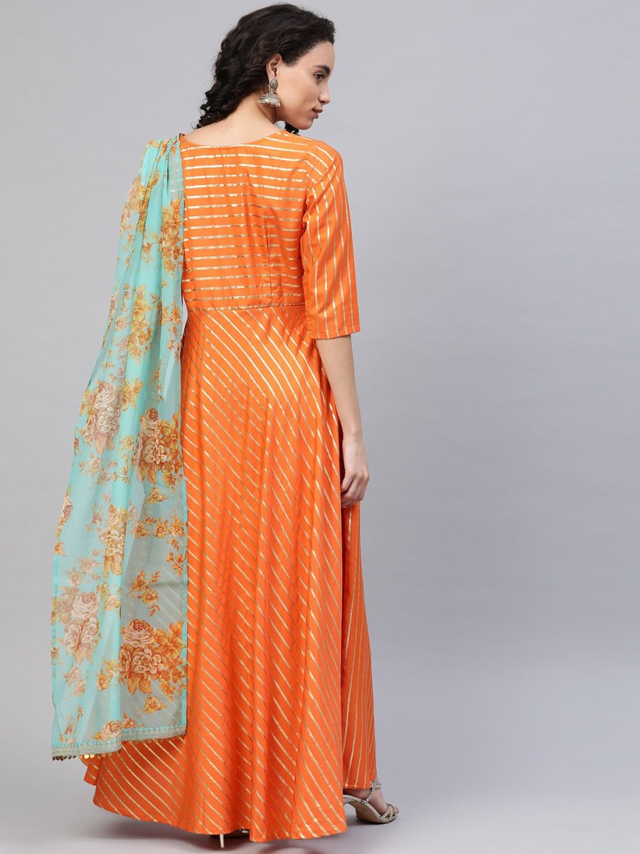 Ahalyaa Women Orange & Gold Ethnic Kurta Saree Dress | Swadesiicart