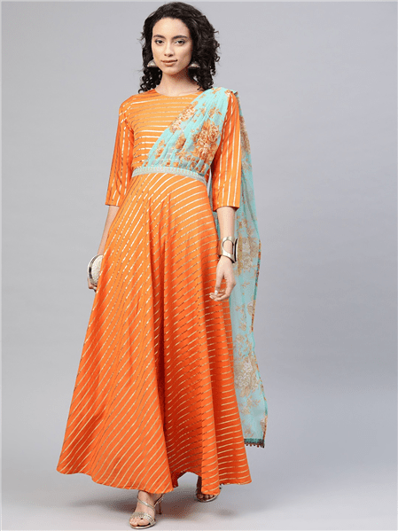 Ahalyaa Women Orange & Gold Ethnic Kurta Saree Dress | Swadesiicart