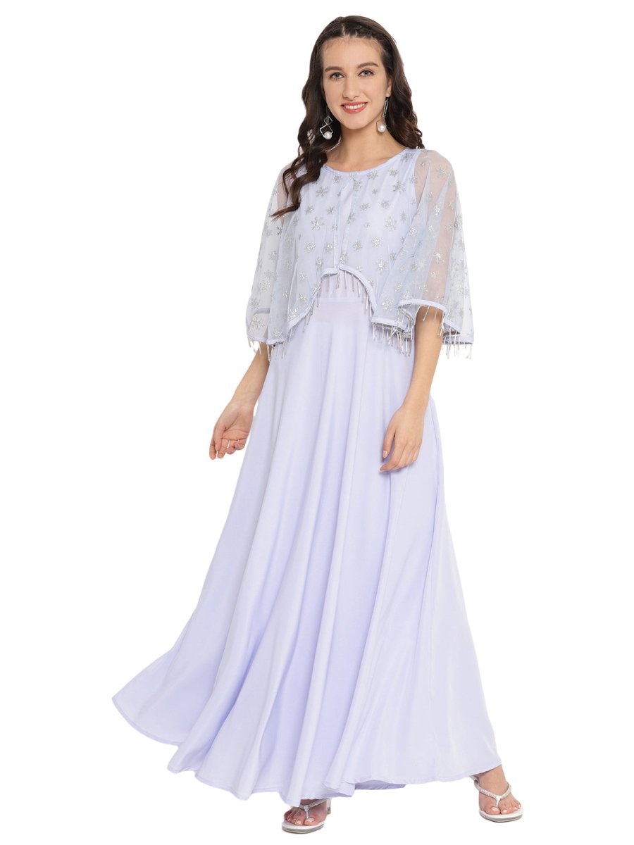 Ahalyaa Women Blue & Silver Printed Maxi Dress | Swadesiicart