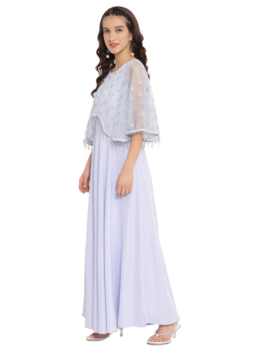 Ahalyaa Women Blue & Silver Printed Maxi Dress | Swadesiicart