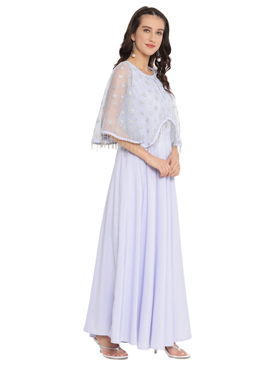 Ahalyaa Women Blue & Silver Printed Maxi Dress | Swadesiicart