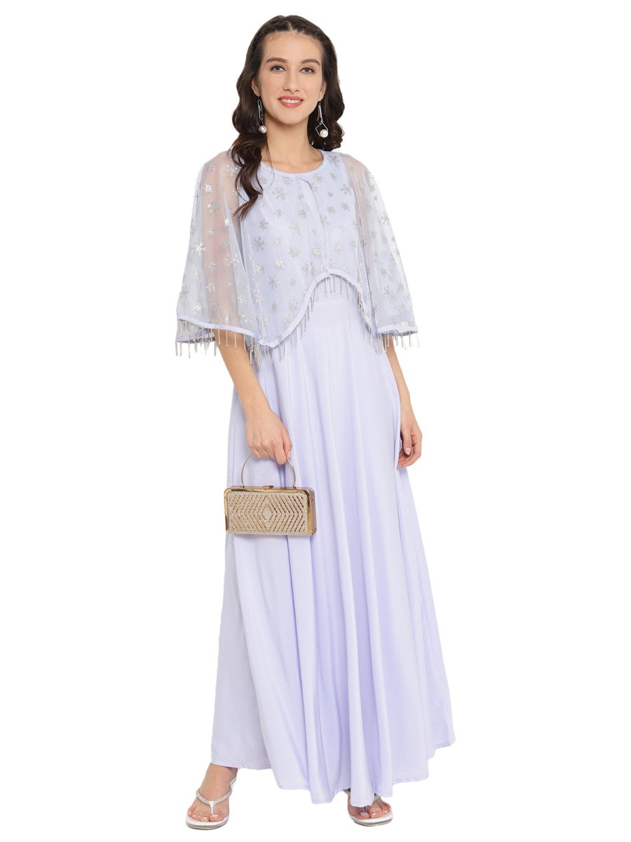 Ahalyaa Women Blue & Silver Printed Maxi Dress | Swadesiicart