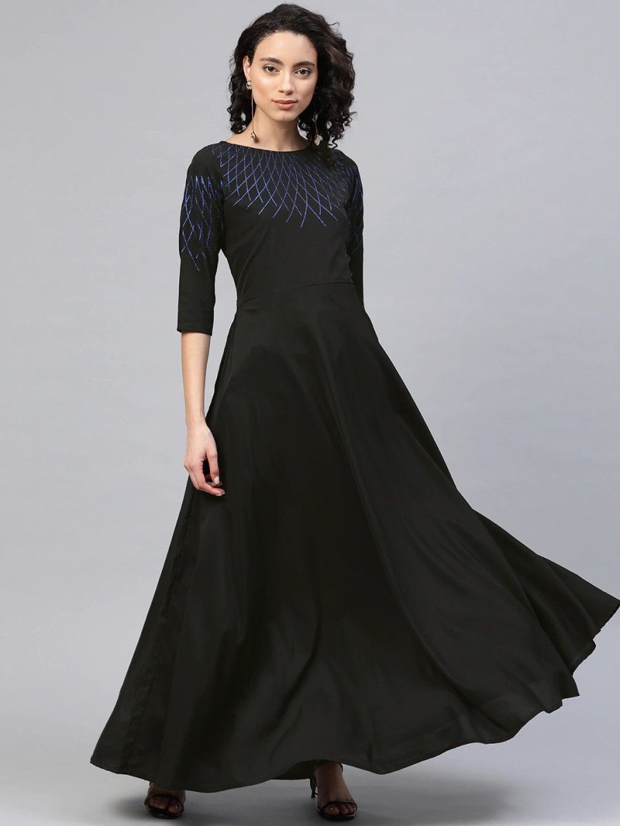 Ahalyaa Women Black Long Flared Kurta Dress | Swadesiicart