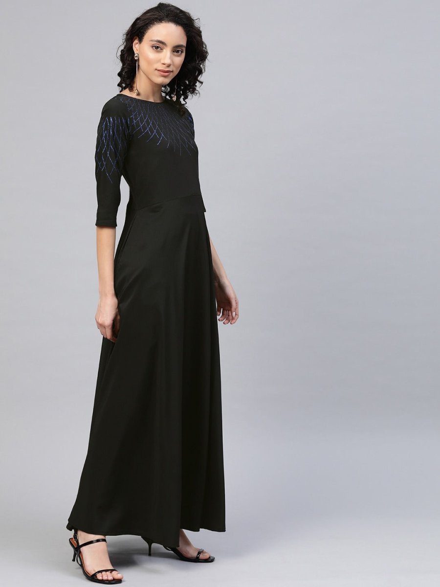 Ahalyaa Women Black Long Flared Kurta Dress | Swadesiicart