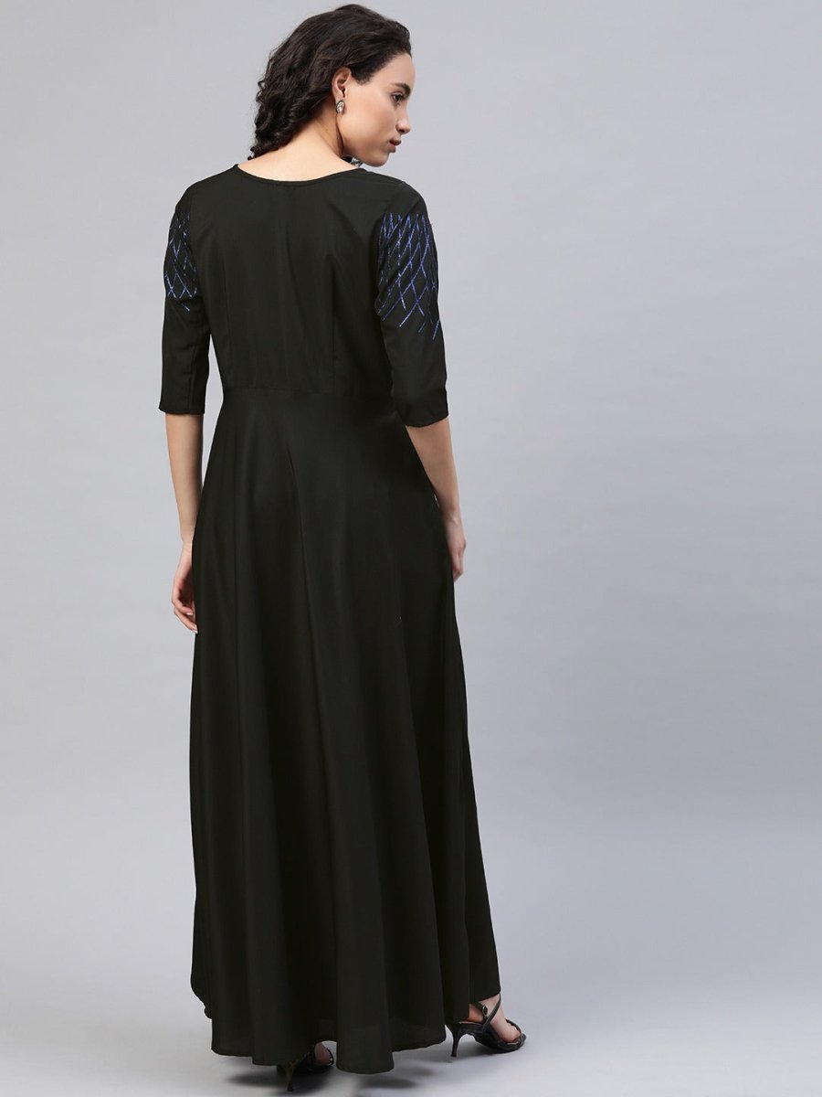 Ahalyaa Women Black Long Flared Kurta Dress | Swadesiicart